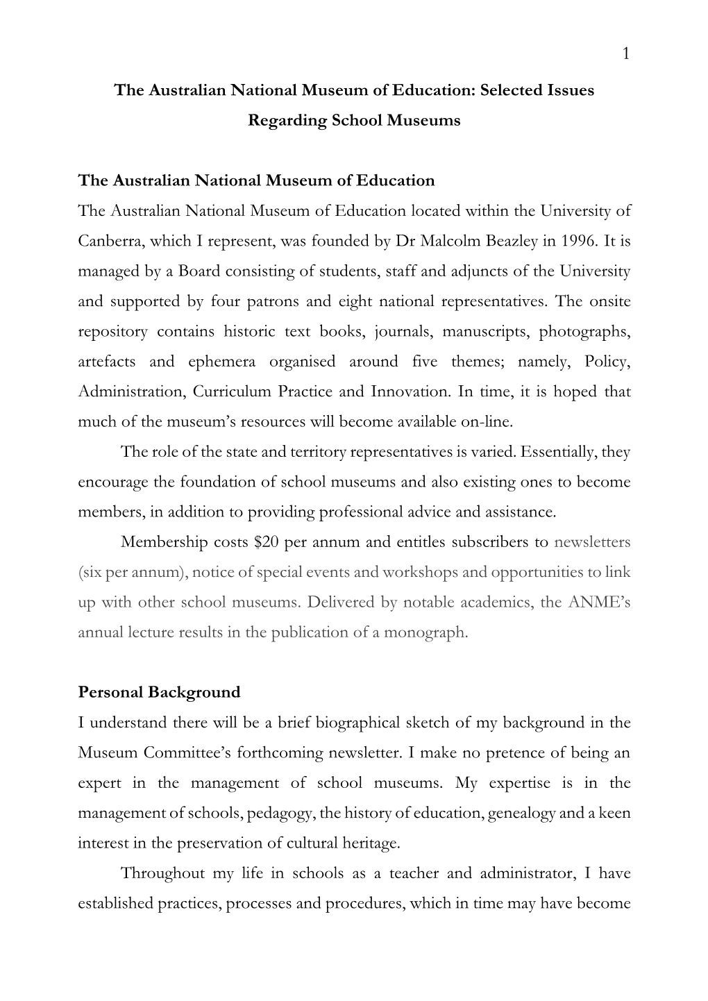 The Australian National Museum of Education: Selected Issues Regarding School Museums