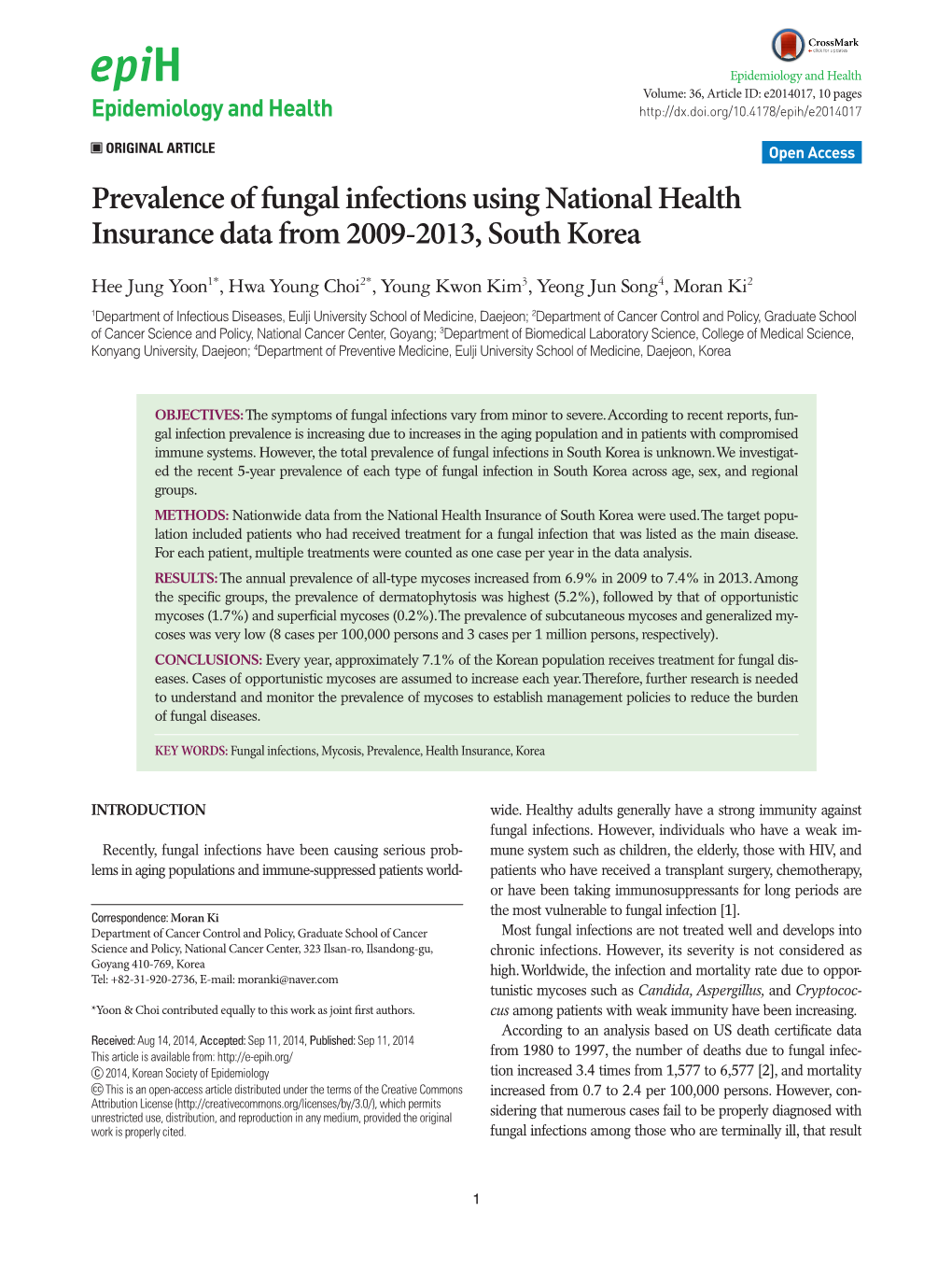 Prevalence of Fungal Infections Using National Health Insurance Data from 2009-2013, South Korea