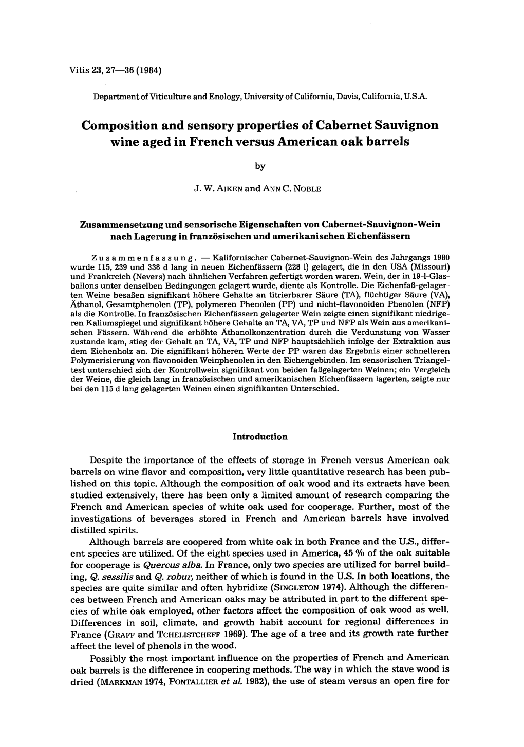 Composition and Sensory Properties of Cabernet Sauvignon Wine Aged in French Versus American Oak Barrels