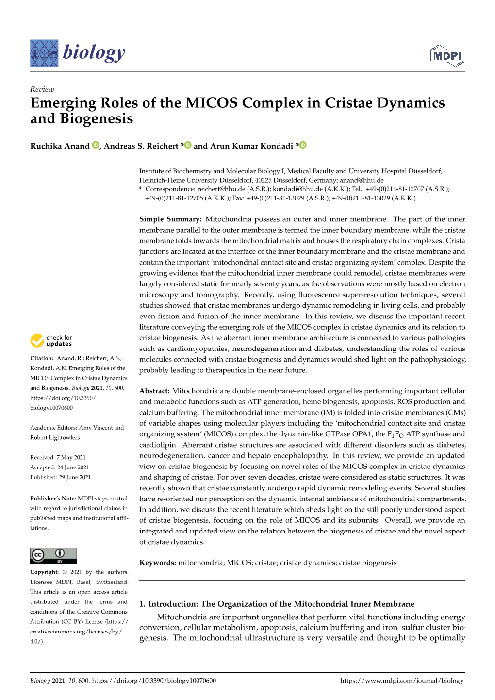 Emerging Roles of the MICOS Complex in Cristae Dynamics and Biogenesis