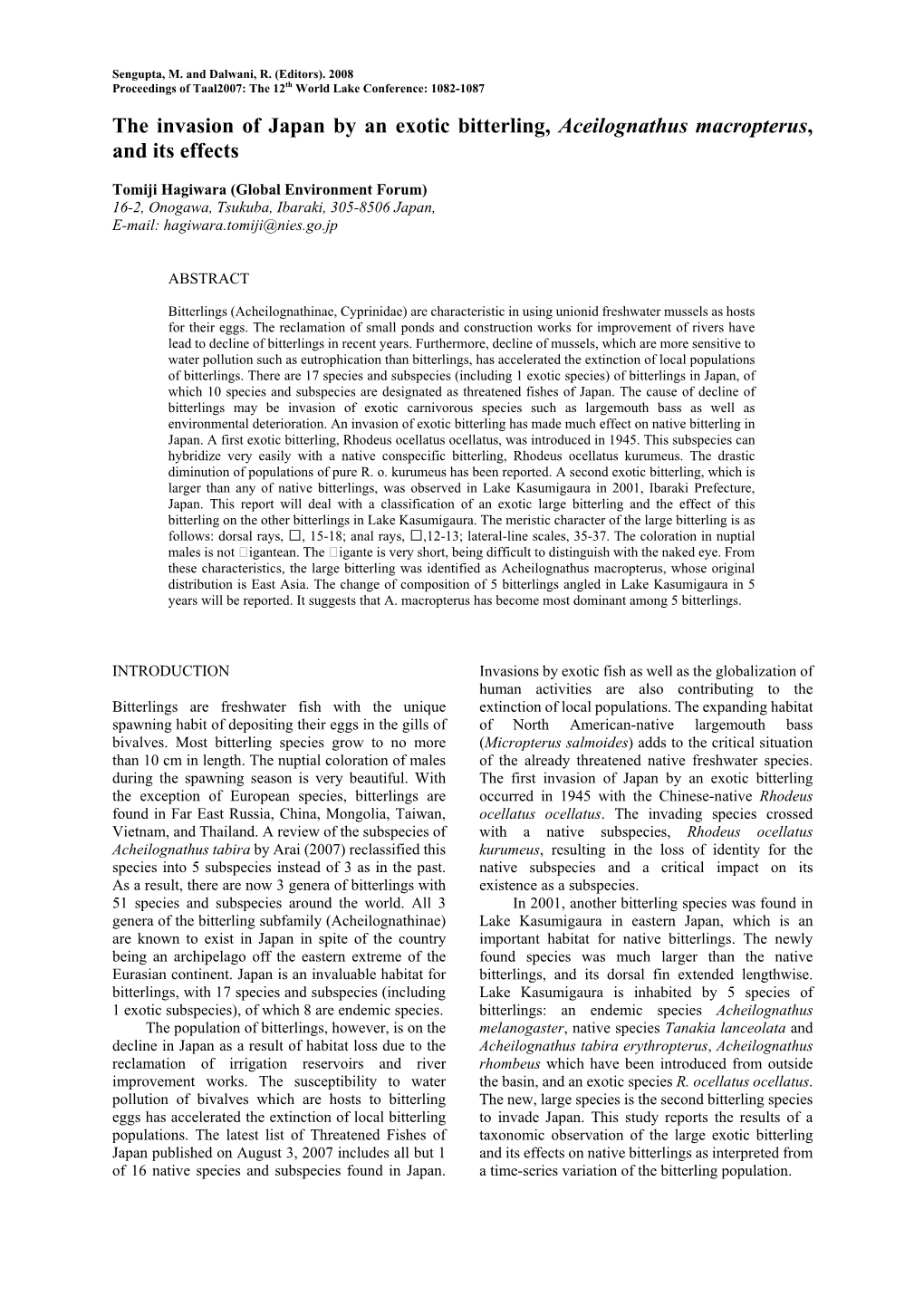 The Invasion of Japan by an Exotic Bitterling, Aceilognathus Macropterus, and Its Effects