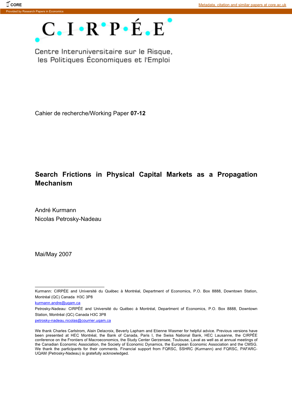 Search Frictions in Physical Capital Markets As a Propagation Mechanism