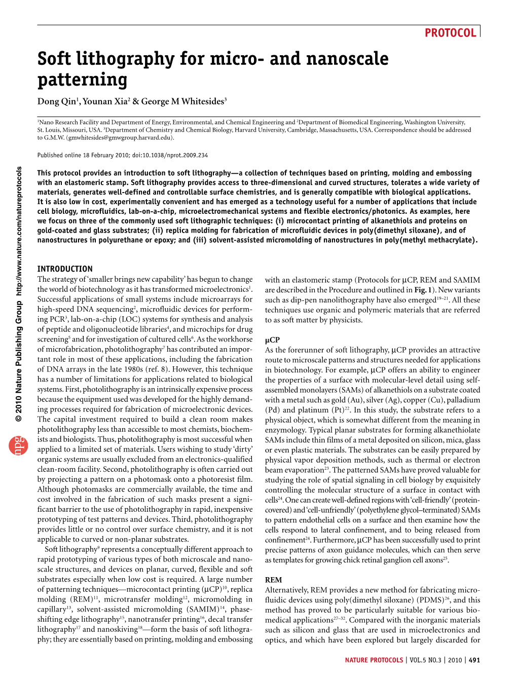 Soft Lithography for Micro- and Nanoscale Patterning Dong Qin1, Younan Xia2 & George M Whitesides3