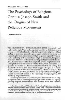 The Psychology of Religious Genius: Joseph Smith and the Origins of New Religious Movements