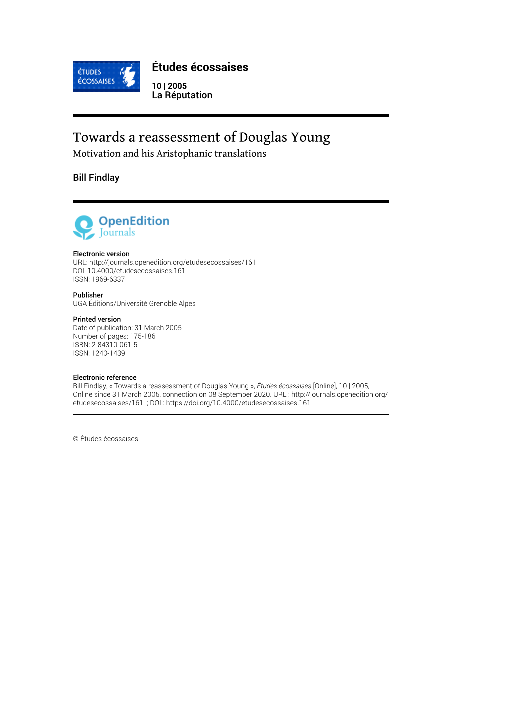 Towards a Reassessment of Douglas Young Motivation and His Aristophanic Translations