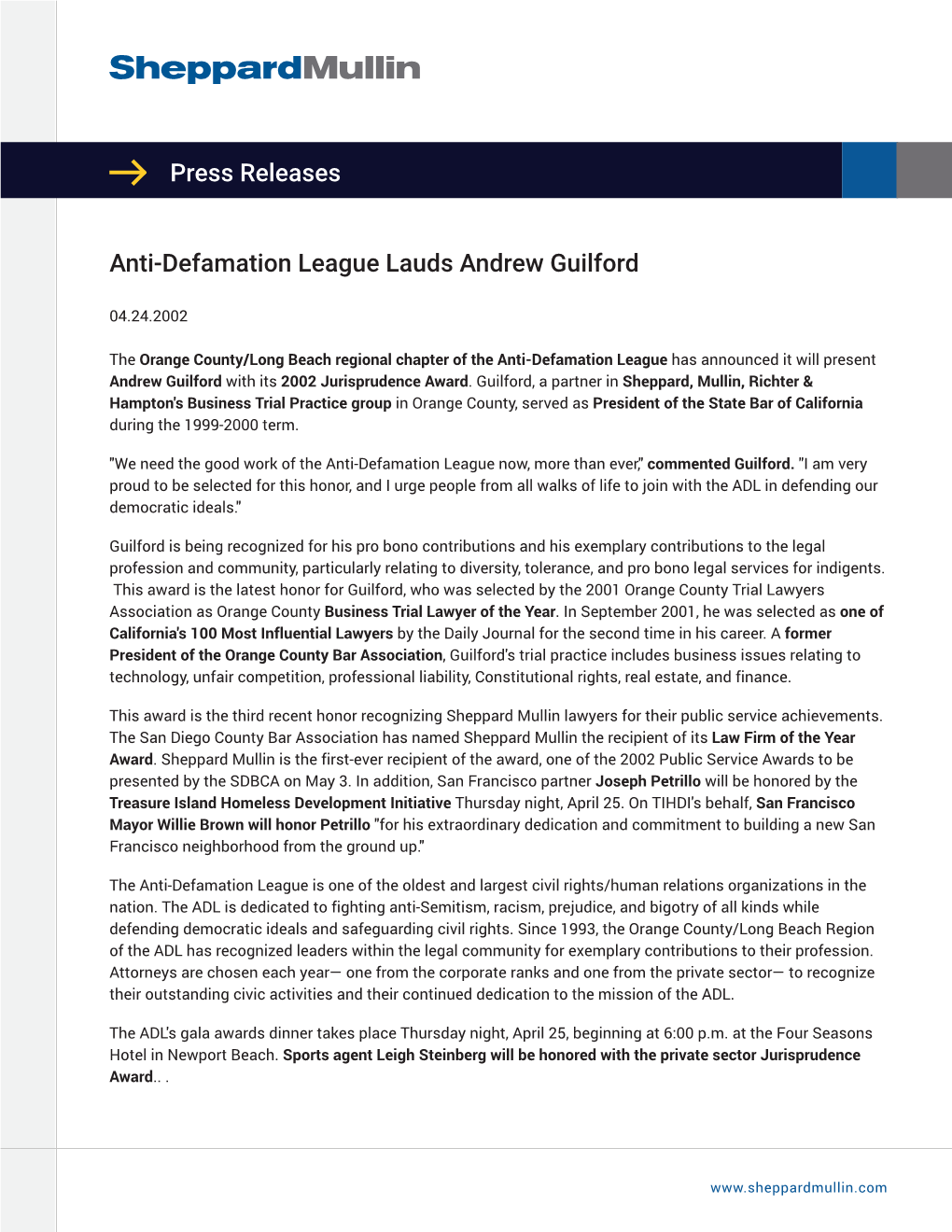 Press Releases Anti-Defamation League Lauds Andrew Guilford