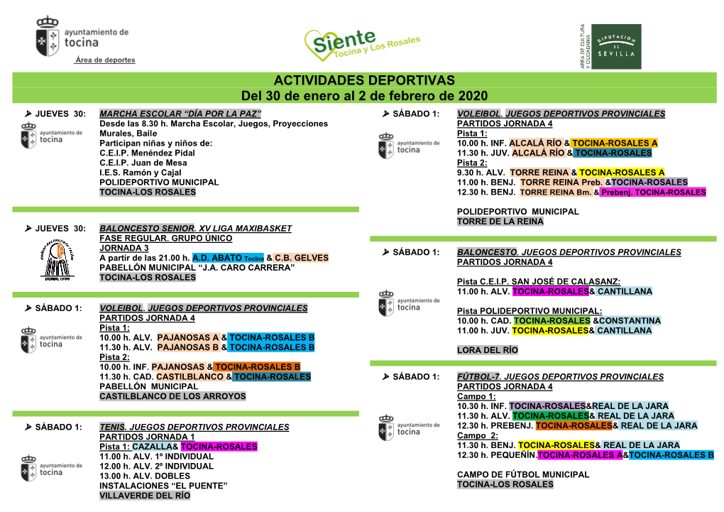 ACTIVIDADES DEPORTIVAS Del 30 De Enero Al 2 De Febrero De 2020