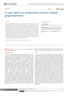 A Case Report on Symptomatic Primary Herpetic Gingivostomatitis