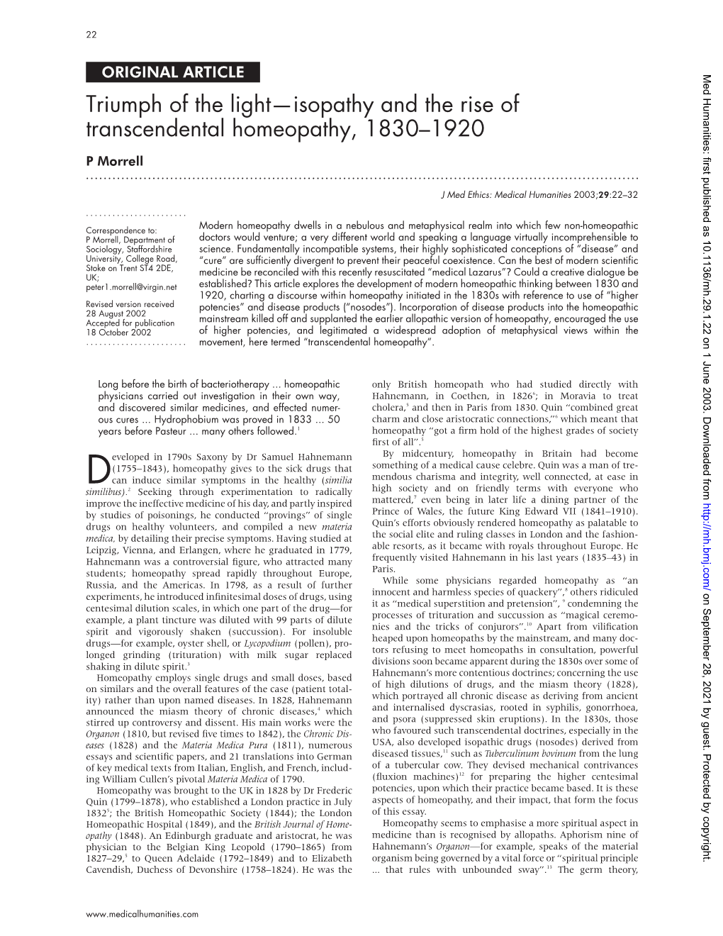 Triumph of the Light—Isopathy and the Rise of Transcendental Homeopathy, 1830–1920 P Morrell