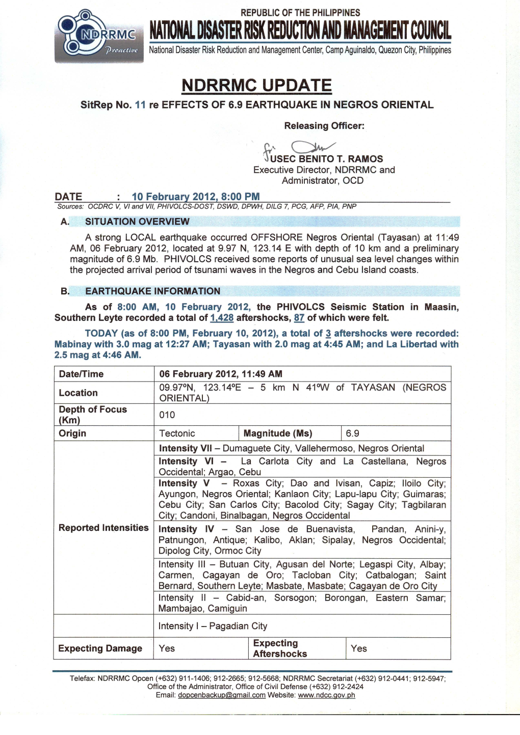 NDRRMC Update on Sitrep No.11 on Negros 6.9 Earthquake As Of