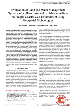 Evaluation of Land and Water Management Systems of Kolleru Lake and Its Adverse Affects on Fragile Coastal Geo-Environment Using Geospatial Technologies