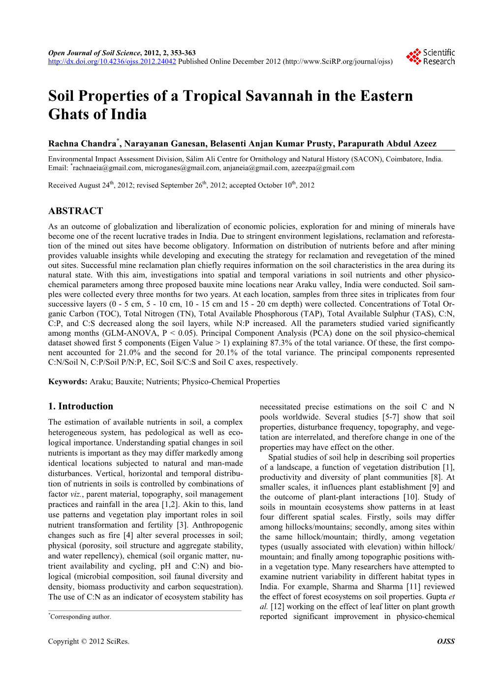 Soil Properties of a Tropical Savannah in the Eastern Ghats of India