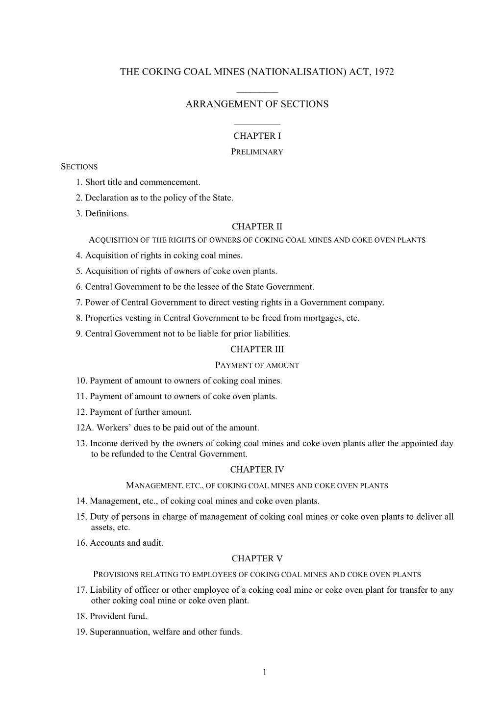 The Coking Coal Mines (Nationalisation) Act, 1972 ______Arrangement of Sections ______Chapter I Preliminary Sections 1