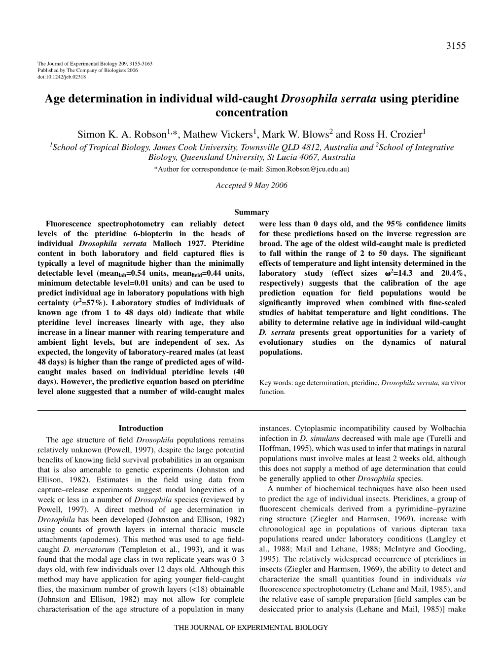 Age Determination in Individual Wild-Caught Drosophila Serrata Using Pteridine Concentration Simon K