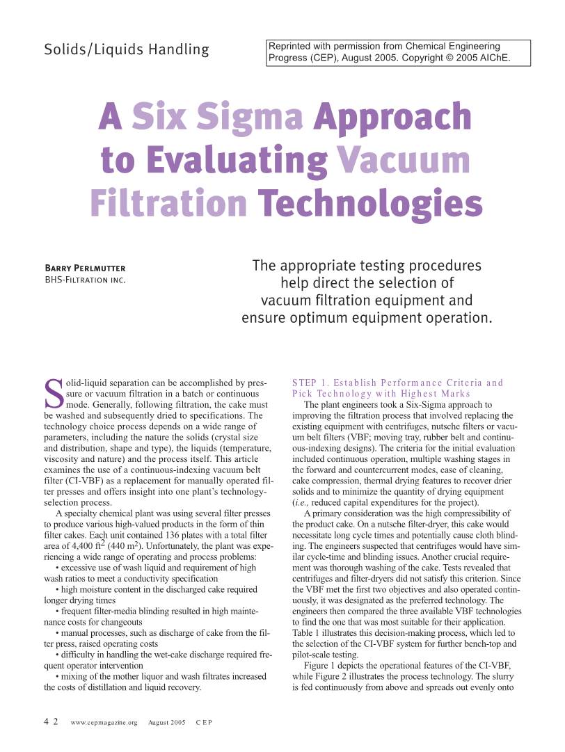 A Six Sigma Approach to Evaluating Vacuum Filtration Technologies