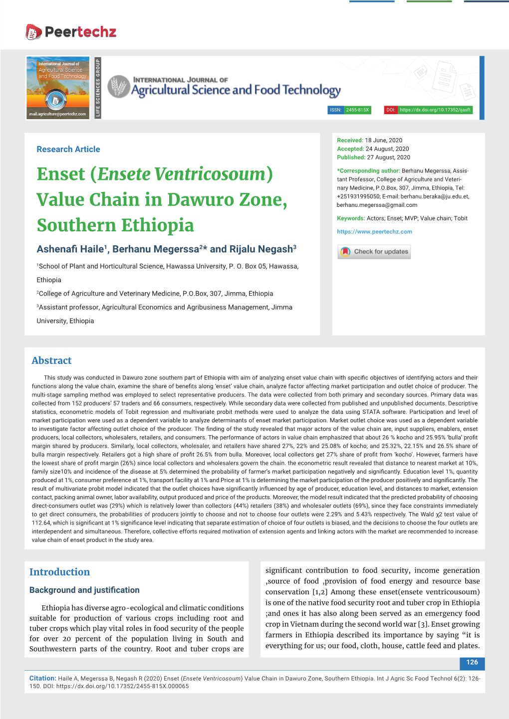 (Ensete Ventricosoum) Value Chain in Dawuro Zone, Southern Ethiopia