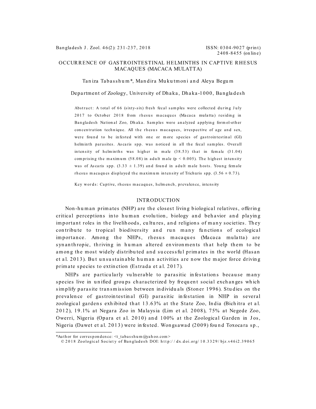 Occurrence of Gastrointestinal Helminths in Captive Rhesus Macaques (Macaca Mulatta)