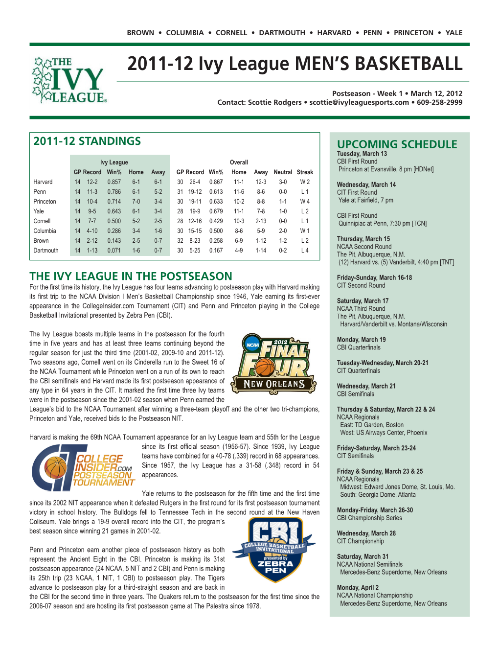 2011-12 Ivy League Men's Basketball INDIVIDUAL BASKETBALL STATISTICS Through Games of Mar 06, 2012 (All Games)