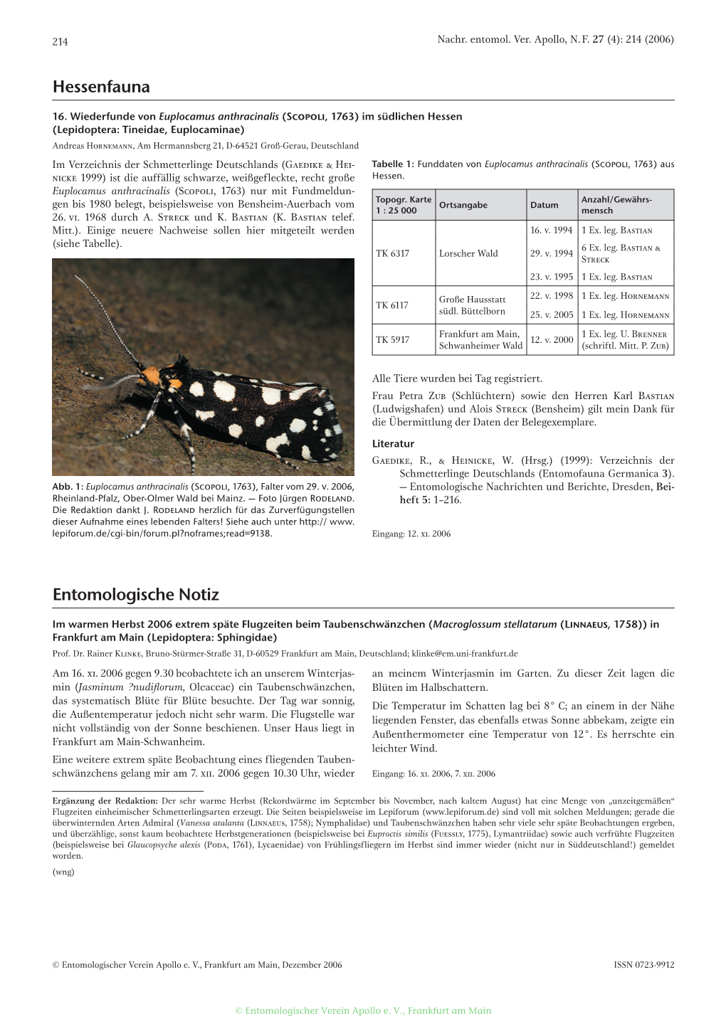 Entomologische Notiz Hessenfauna