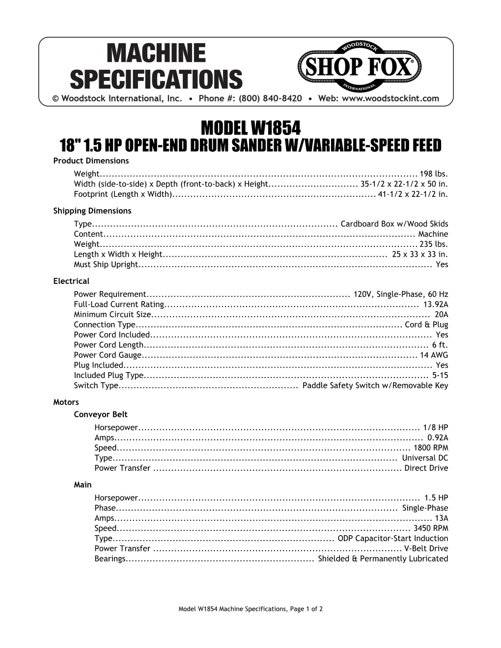 W1854 Specifications Sheet