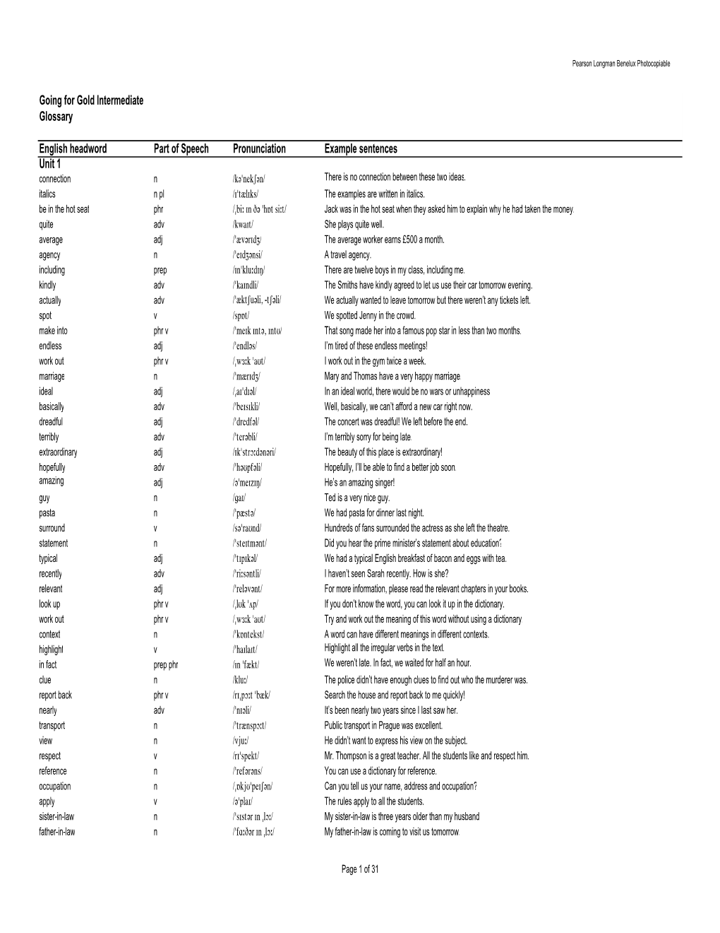 Going for Gold Intermediate Glossary