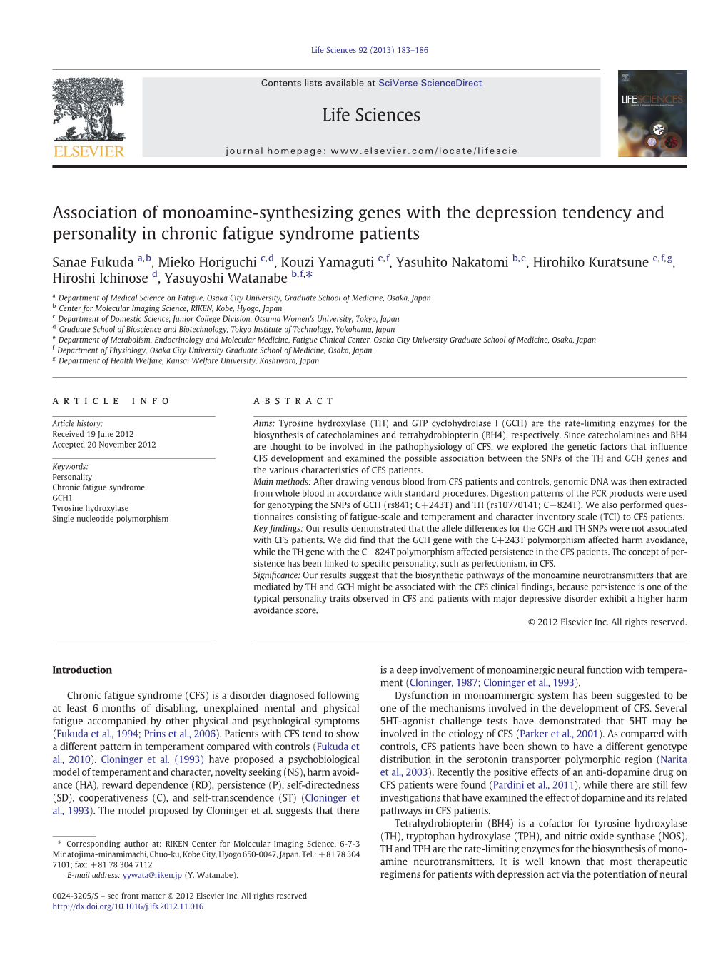 Association of Monoamine-Synthesizing Genes with the Depression Tendency and Personality in Chronic Fatigue Syndrome Patients