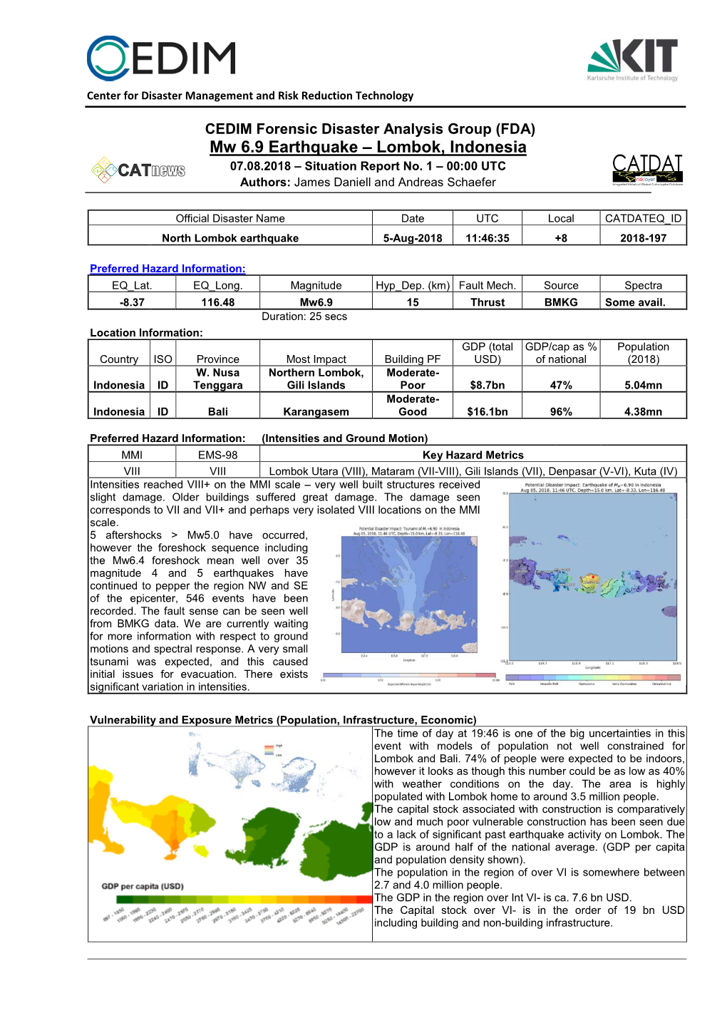 Mw 6.9 Earthquake – Lombok, Indonesia 07.08.2018 – Situation Report No