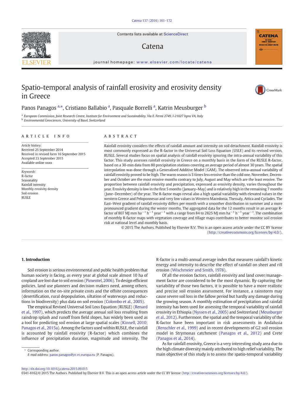 Spatio-Temporal Analysis of Rainfall Erosivity and Erosivity Density in Greece