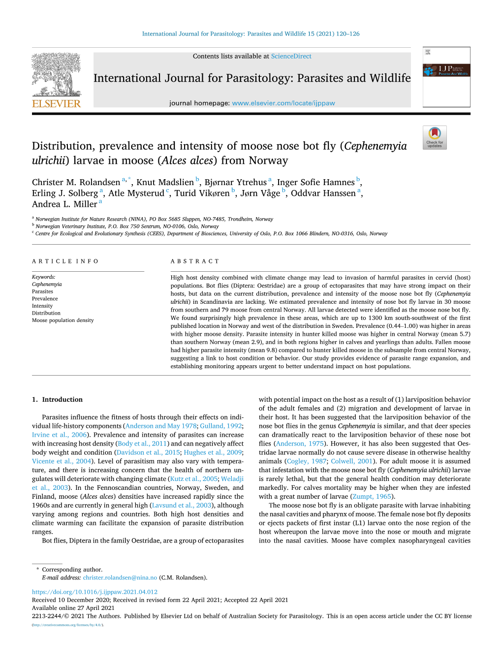 Cephenemyia Ulrichii) Larvae in Moose (Alces Alces) from Norway