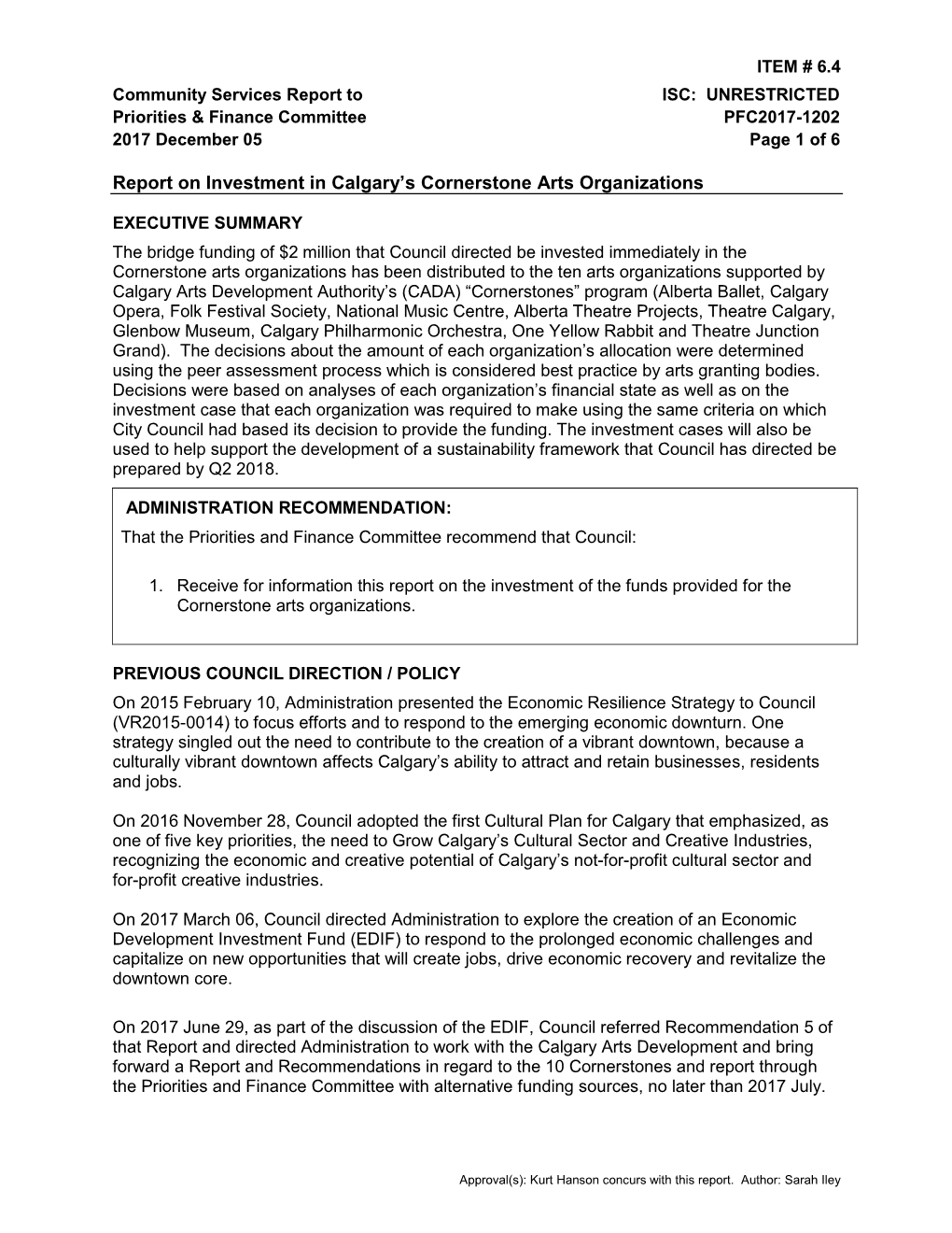 Report on Investment in Calgary's Cornerstone Arts Organizations