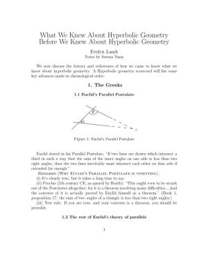 What We Knew About Hyperbolic Geometry Before We Knew About Hyperbolic Geometry Evelyn Lamb Notes by Serena Yuan