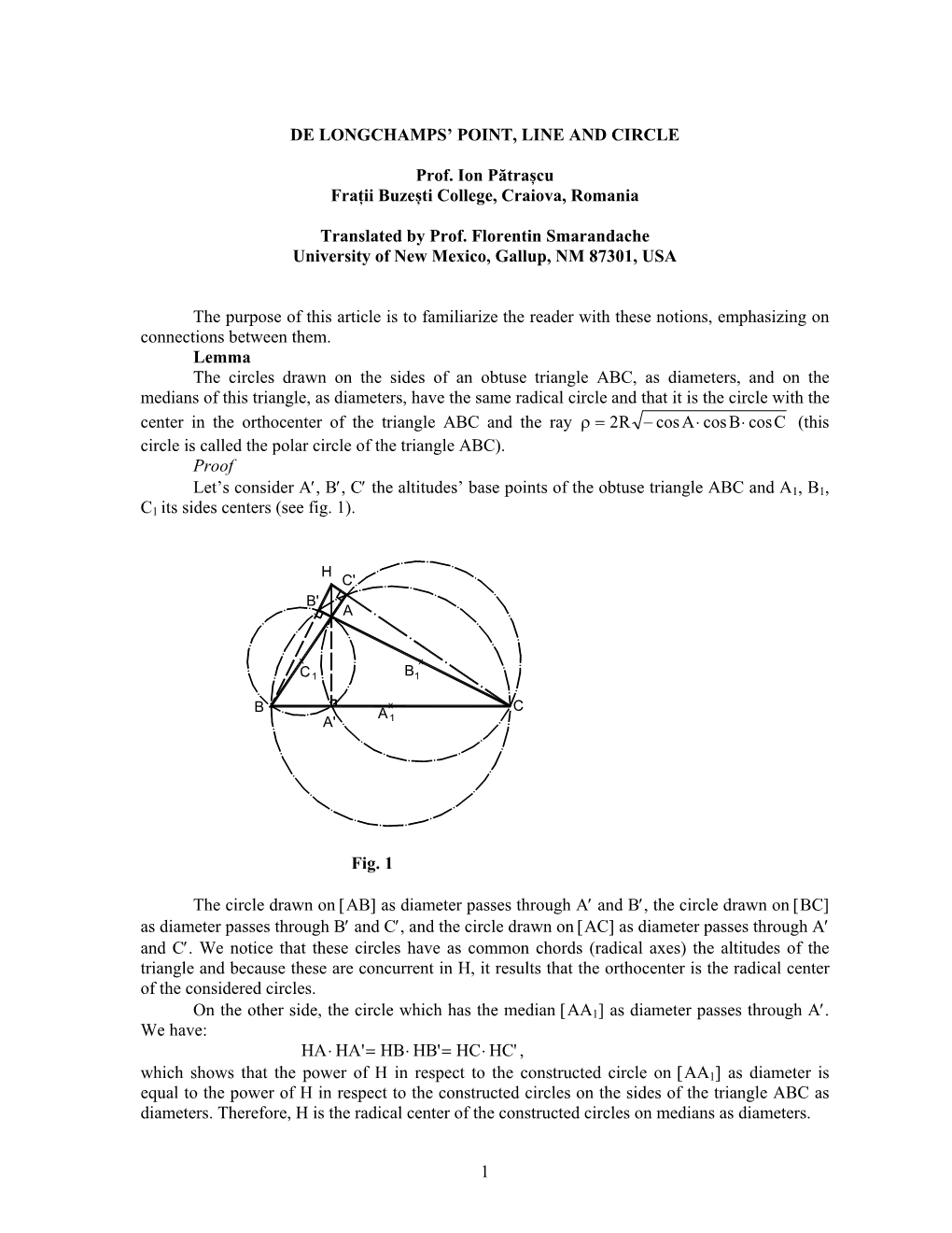 1 DE LONGCHAMPS' POINT, LINE and CIRCLE Prof. Ion Pătrașcu