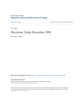 Macalester Today November 1998 Macalester College