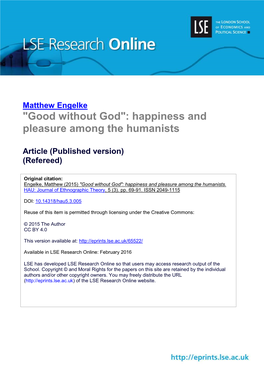 "Good Without God": Happiness and Pleasure Among the Humanists
