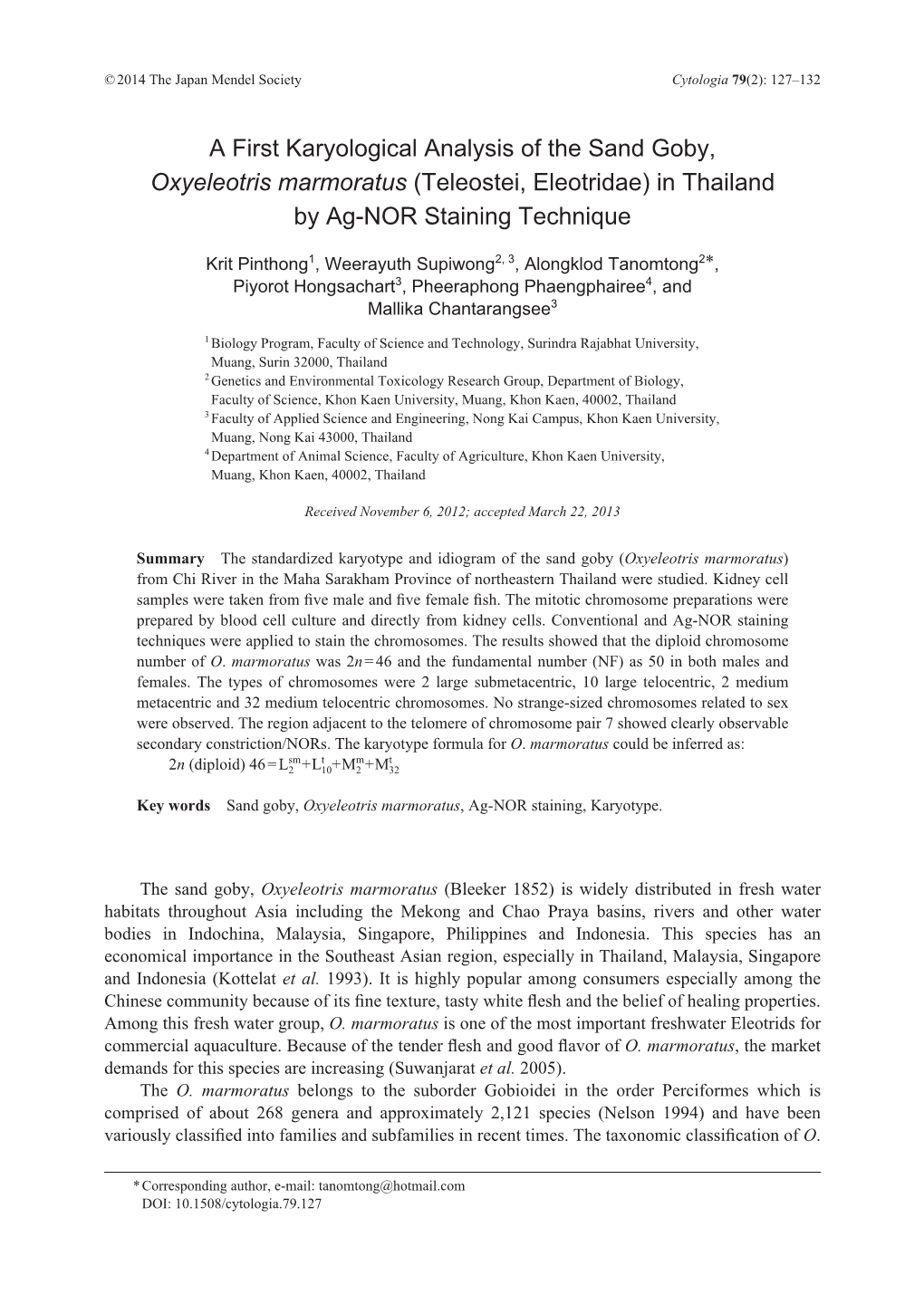 A First Karyological Analysis of the Sand Goby, Oxyeleotris Marmoratus (Teleostei, Eleotridae) in Thailand by Ag-NOR Staining Technique