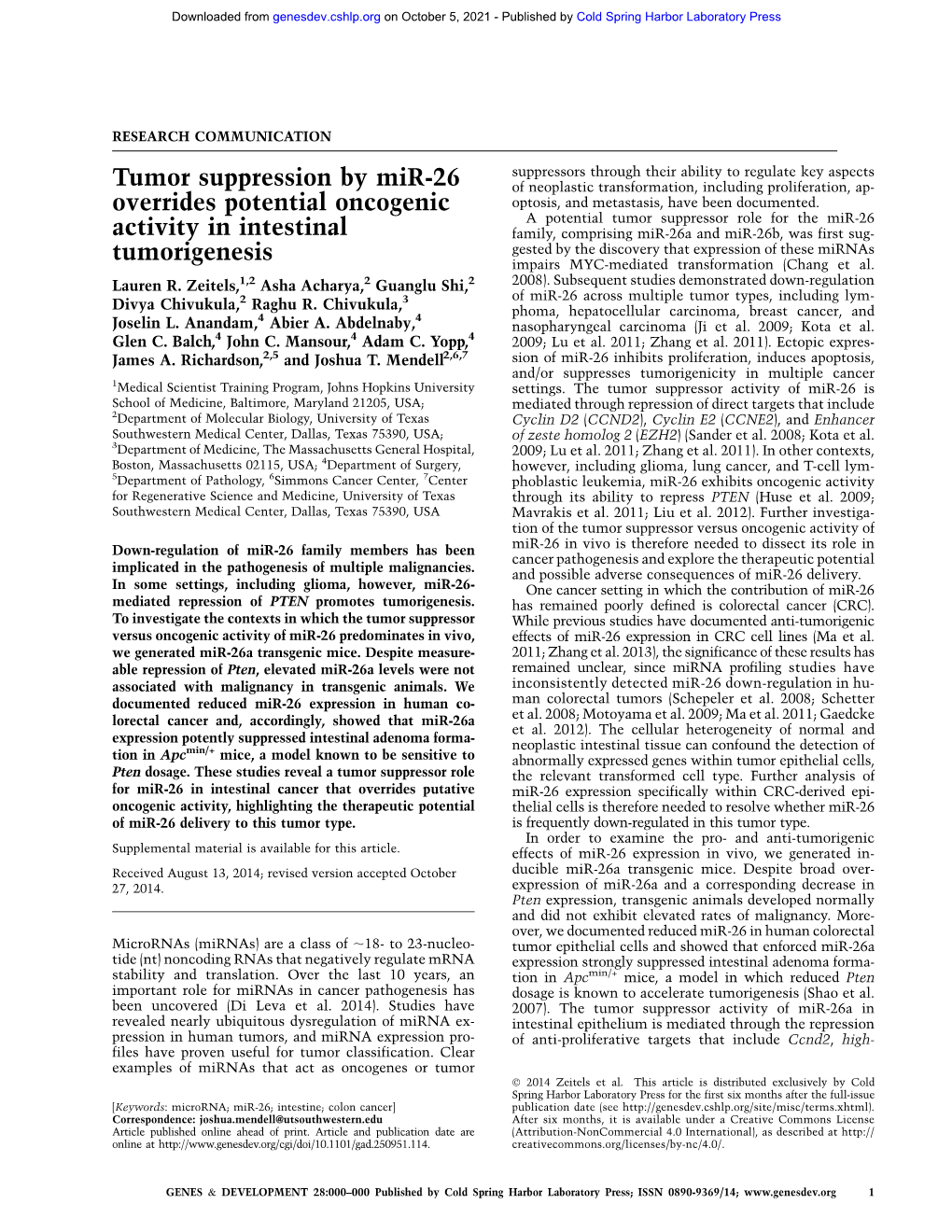 Tumor Suppression by Mir-26 Overrides Potential Oncogenic Activity in Intestinal Tumorigenesis