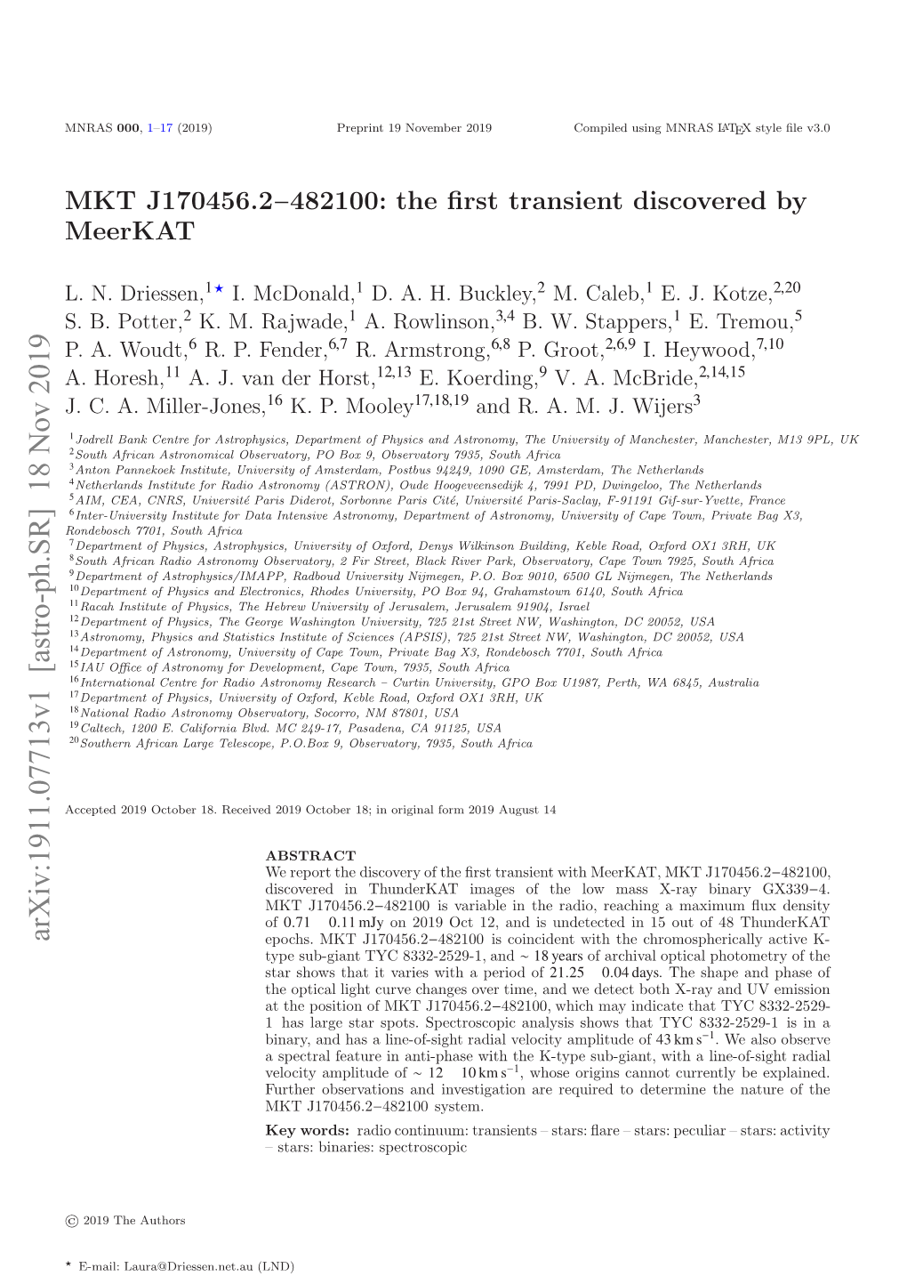 MKT J170456.2−482100: the First Transient Discovered by Meerkat