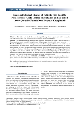 Neuropathological Studies of Patients with Possible Non-Herpetic Acute Limbic Encephalitis and So-Called Acute Juvenile Female Non-Herpetic Encephalitis