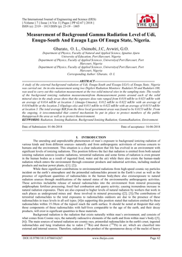 Measurement of Background Gamma Radiation Level of Udi, Enugu-South and Ezeagu Lgas of Enugu State, Nigeria