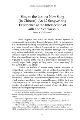 Sing to the LORD a New Song (In Chinese)! an L2 Songwriting Experience at the Intersection of Faith and Scholarship Scott N