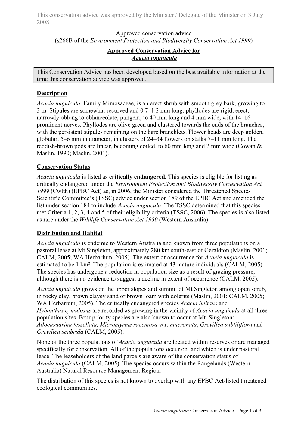 Approved Conservation Advice for Acacia Unguicula