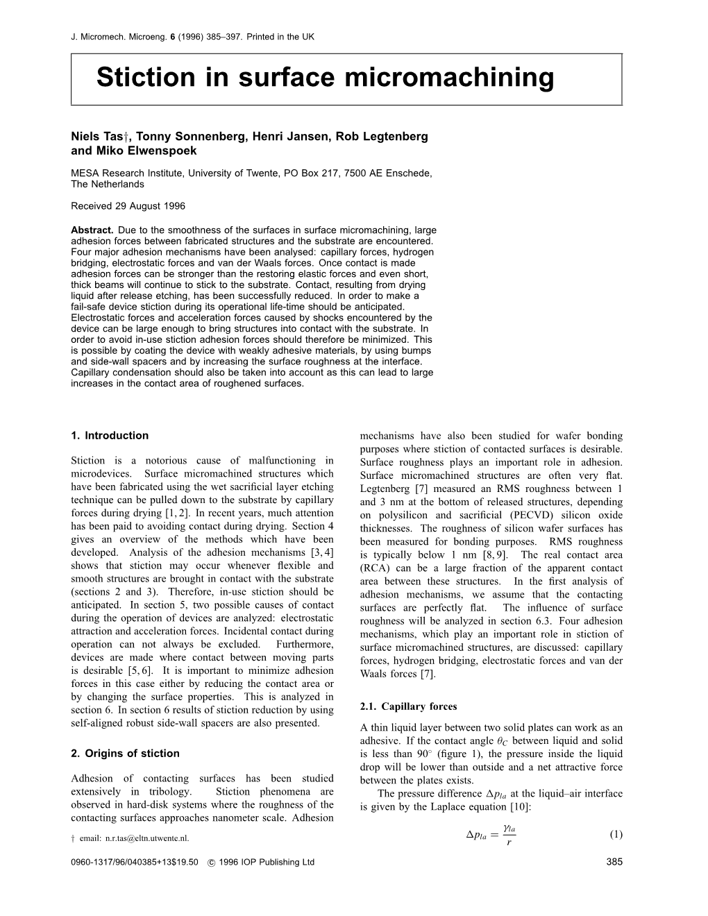 Stiction in Surface Micromachining