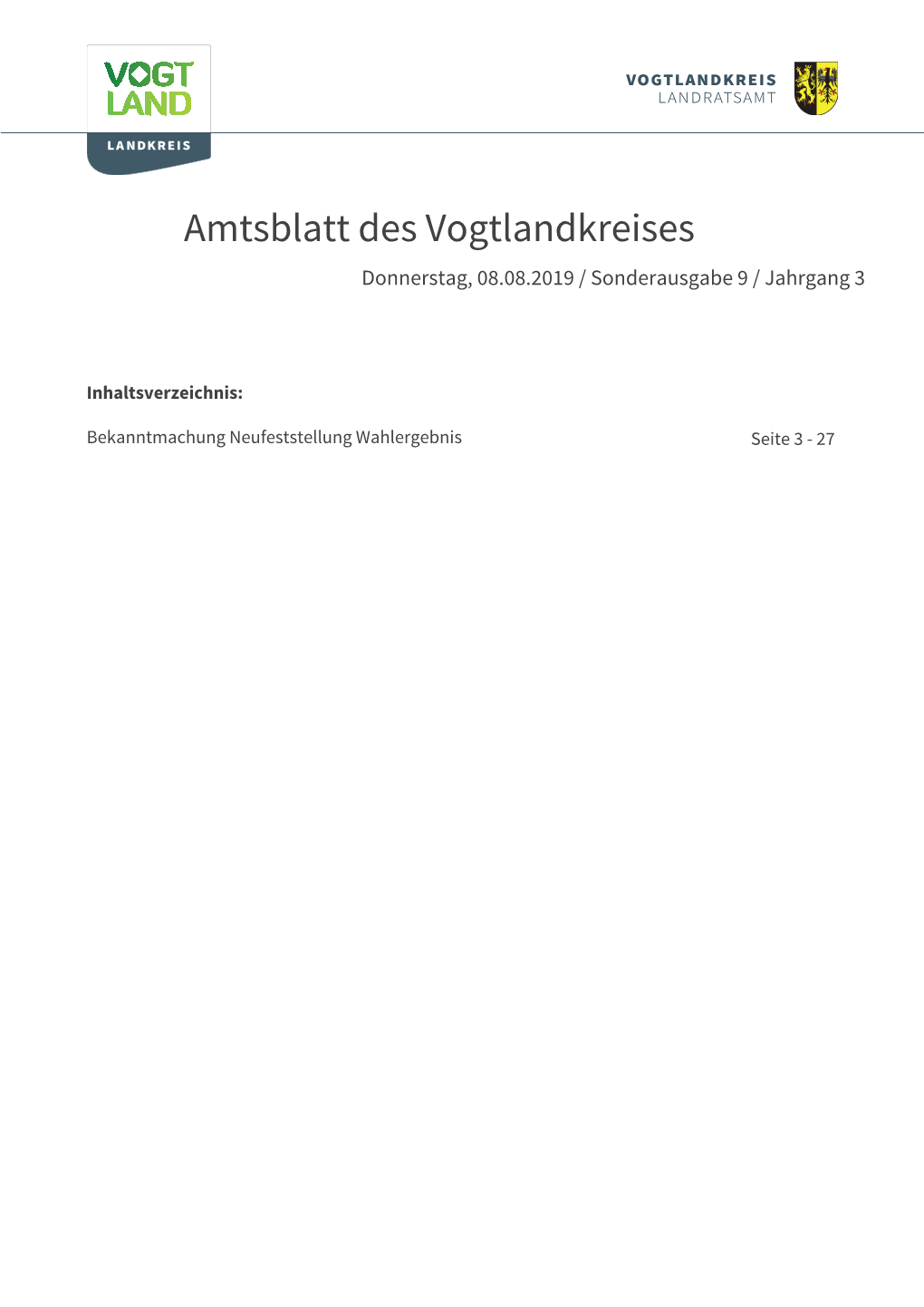 Amtsblatt Des Vogtlandkreises Donnerstag, 08.08.2019 / Sonderausgabe 9 / Jahrgang 3