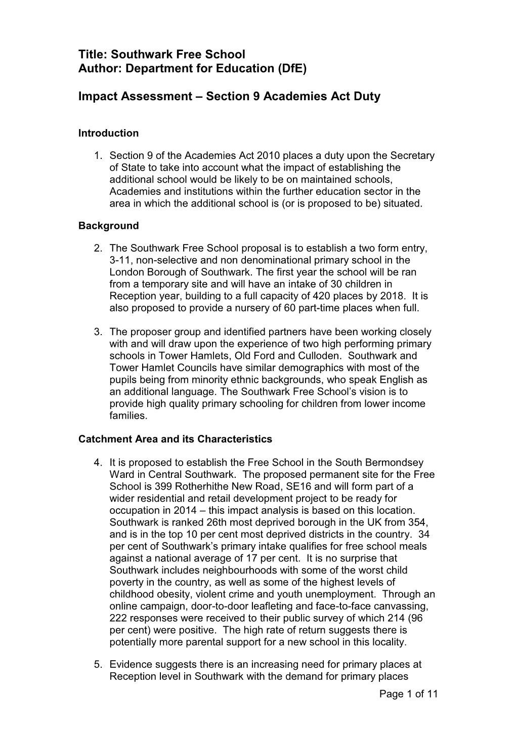 Southwark Free School: Impact Assessment