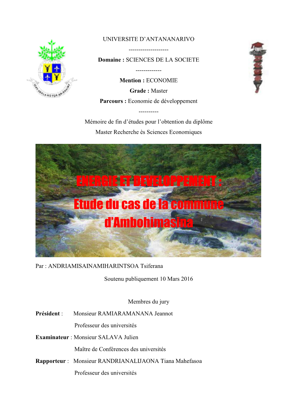 ENERGIE ET DEVELOPPEMENT : Etude Du Cas De La Commune D’Ambohimasina