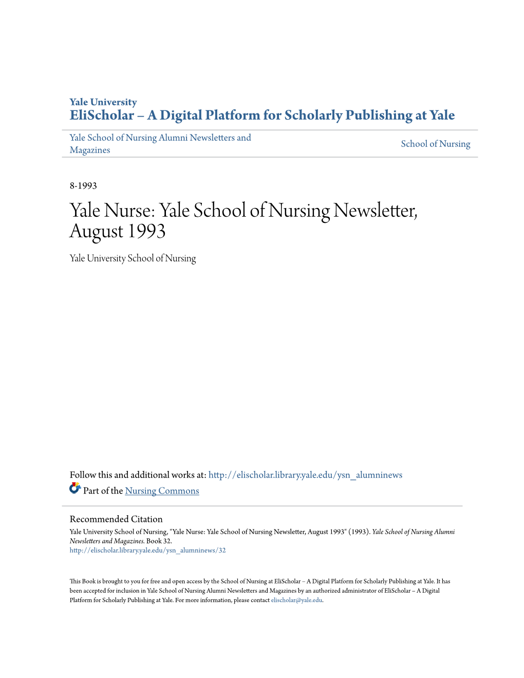 Yale School of Nursing Newsletter, August 1993 Yale University School of Nursing