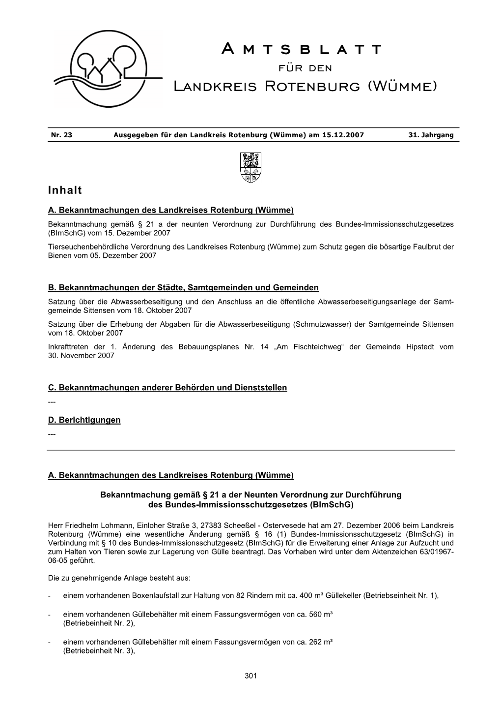 Amtsblatt Für Den Landkreis Rotenburg (Wümme)