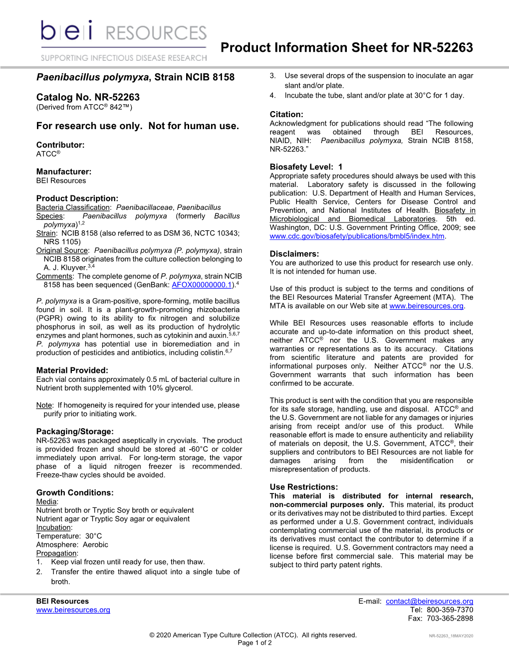 BEI Resources Product Information Sheet Catalog No. NR-52263 Paenibacillus Polymyxa, Strain NCIB 8158