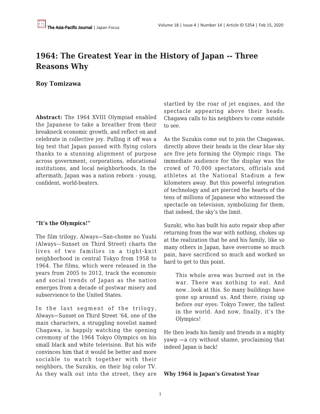 1964: the Greatest Year in the History of Japan -- Three Reasons Why