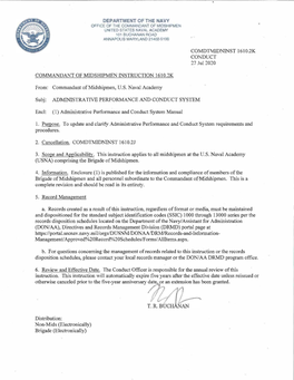 COMMANDANT of MIDSHIPJ\1EN INSTRUCTION 1610.2K From: Commandant of Midshipmen, U.S. Naval Academy COMDTMIDN1NST 1610.2K CONDUCT